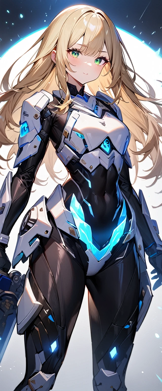 1girl,original, solo,black bodysuit,white armor,mechanical sword,blue glowing body outline,blonde long hair,green eyes,perfect anatomy,best quality,