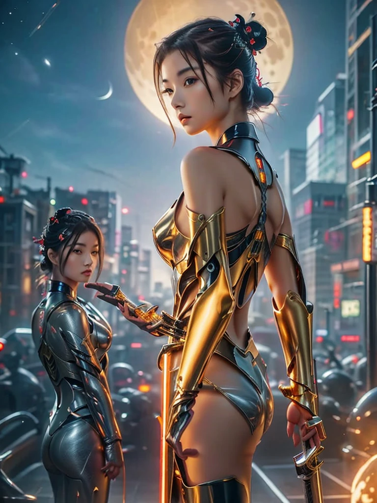 Ninja girl, ninja costume, samurai sword on the back of a statue, golden moon, dark sky.