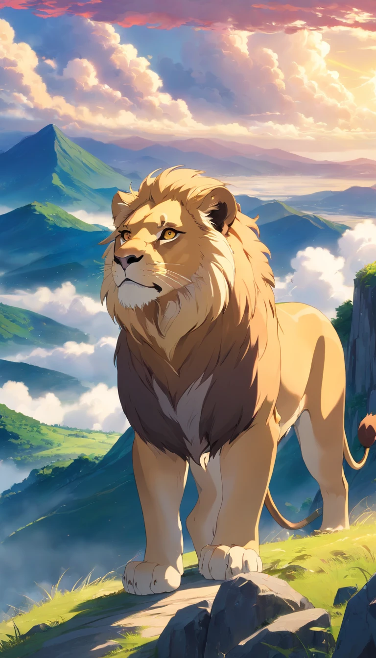 a little lion than the cloud above a mountain, MrWise Bondo, (best quality,4k,8k,highres,masterpiece:1.2),ultra-detailed,(realistic,photorealistic,photo-realistic:1.37),highly detailed lion,extremely detailed face and eyes,beautiful detailed fur,dramatic lighting,cinematic composition,matte painting style,moody atmosphere,dramatic contrast,rich saturated colors,dramatic lighting and shadows,epic fantasy landscape,mountain scenery,dramatic cloudy sky
