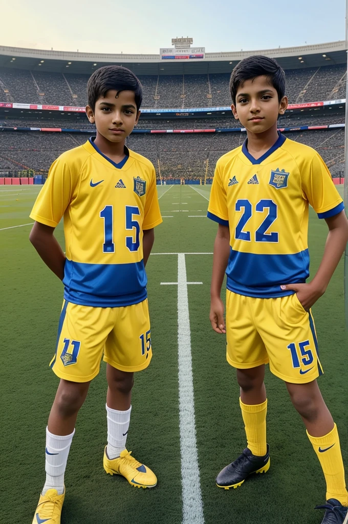 A 13 year old two boys standing ina football turf and wearing football kit and wearing yellow jersy back look of first boy jersey name keshav and number 2 and second boy jersey name ashutosh and number 15 and the first boy keeping hand on second boy