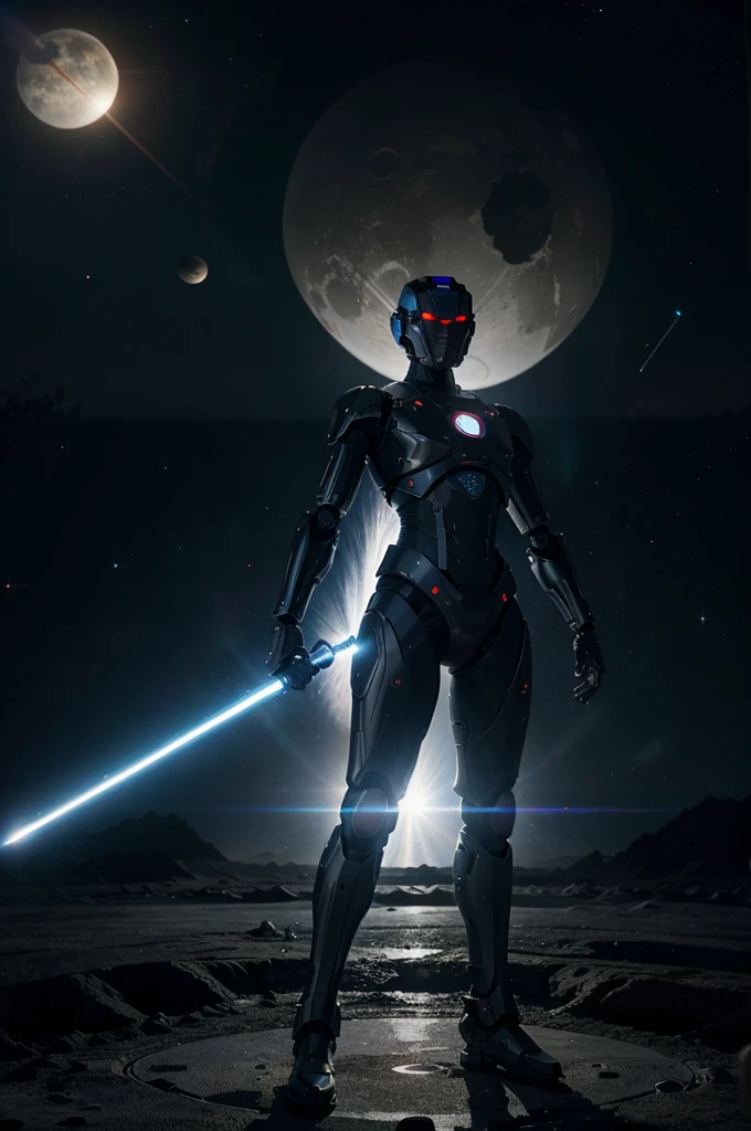 A humanoid robot floats through space with a laser sword in hand, confronted by a planet surrounded by stunning ring-shaped megastructures.edge quality, perspective silhouette, 8k, best quality, masterpiece, extremely detailed, rule of thirds, photorealistic, superb, HDR, high resolution, sharp focus, photorealistic rendering, extremely detailed description,