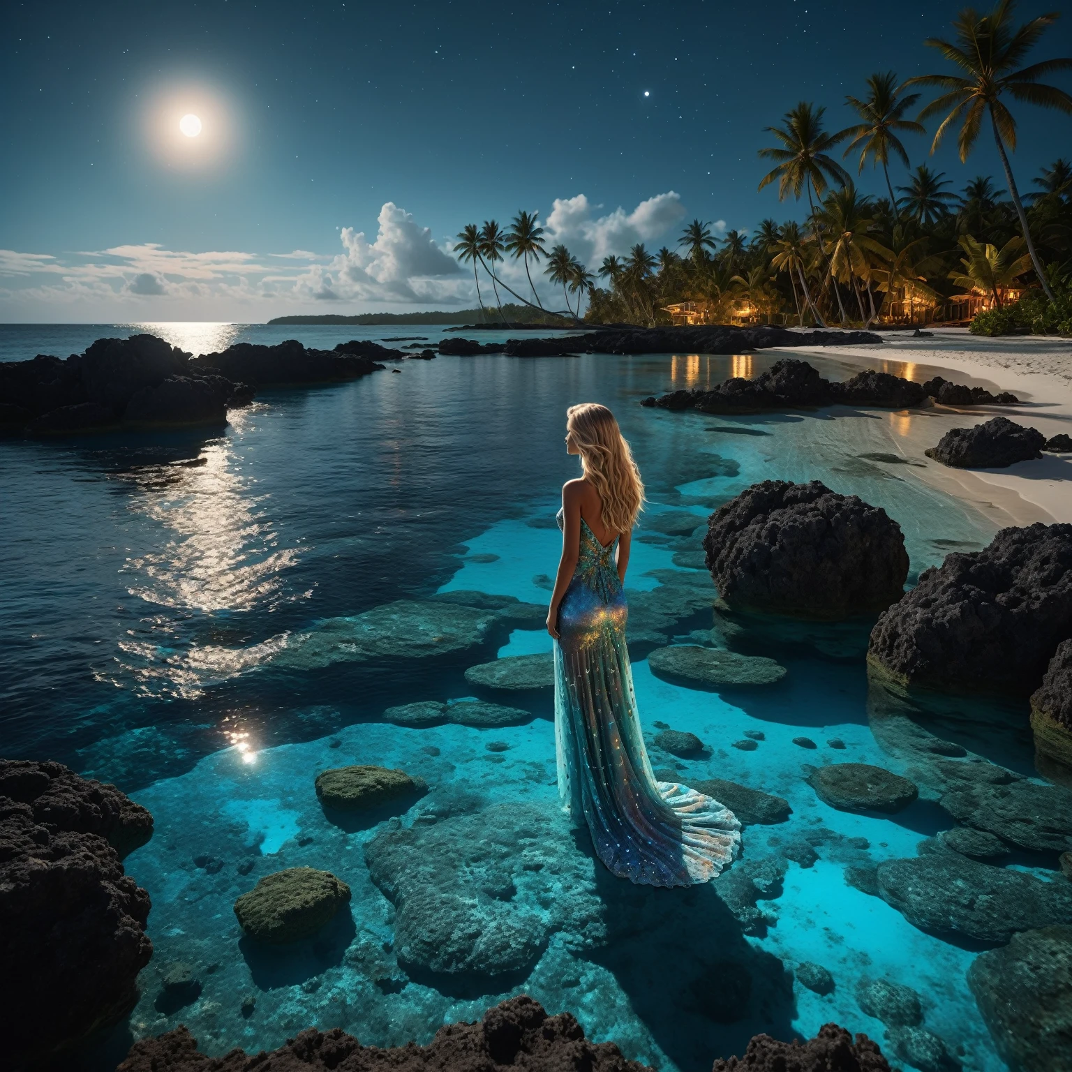 At night, by moonlight, a view from a high vantage point from a turquoise blue lagoon stretching towards the horizon, on the left beach lined with coconut palms, (under a crystal-clear turquoise blue lagoon with coral reefs and bioluminescent multicolor aquatic fauna very detailed), small waves . In the sky, a majestic swirling galaxy forms a ((giant detailed blue eye)) in a starry sky, dotted with nebulae and cosmic dust. Vivid reflections of detailed blue eye and starry sky on the surface of the water. ((Along the shore, a blonde woman)) with long, flowing hair and a fluid ((transparent dress detailed) that seems to be made of ethereal) stands and contemplates the wonders of the universe. The water near the woman should be transparent, revealing bioluminescent multicolor algae and marine life. moon luminism, Fantastic Realism, complex background, (highly detailed intricated), Ultra Realistic, portrait, 8k resolution, hyper-realistic insanely detailed, magical photography effect, fantastical fantasy, trending on Artstation Unreal Engine 5, ink vivid stained, maximalism, expansive depth of field matte painting, dark simple uncluttered reflections,