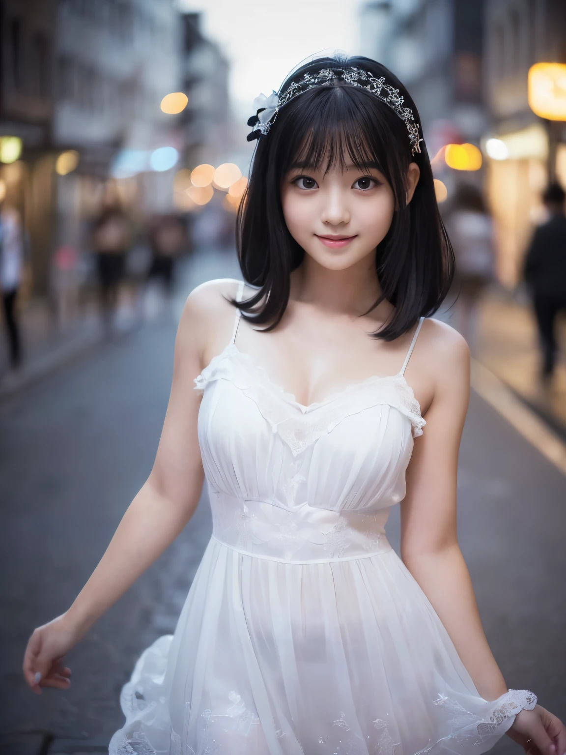 (Best-quality, Masterpiece, Ultra-High-Resolution, (Photorealistic:1.4), Raw Photo, depth of field, professional lighting, perfect anatomy, extremely details), 1girl, 15-years-old, the most famous Japanese idol, ((extremely cute face like the most popular Japanese idol, ((extremely cute and extremely big black-eyes)), extremely beautiful black-hair), (((extremely realistic and extremely beautiful skins))), extremely cute long-eyelashes, extremely cute lips), extremely childish body, ((innocent smile, dynamic pose)), (wearing white long summer-dress with cute-design), (((walking down at dark night street, detailed white-long-summer-dress-with-cute-design, (detailed dark-night-street))))