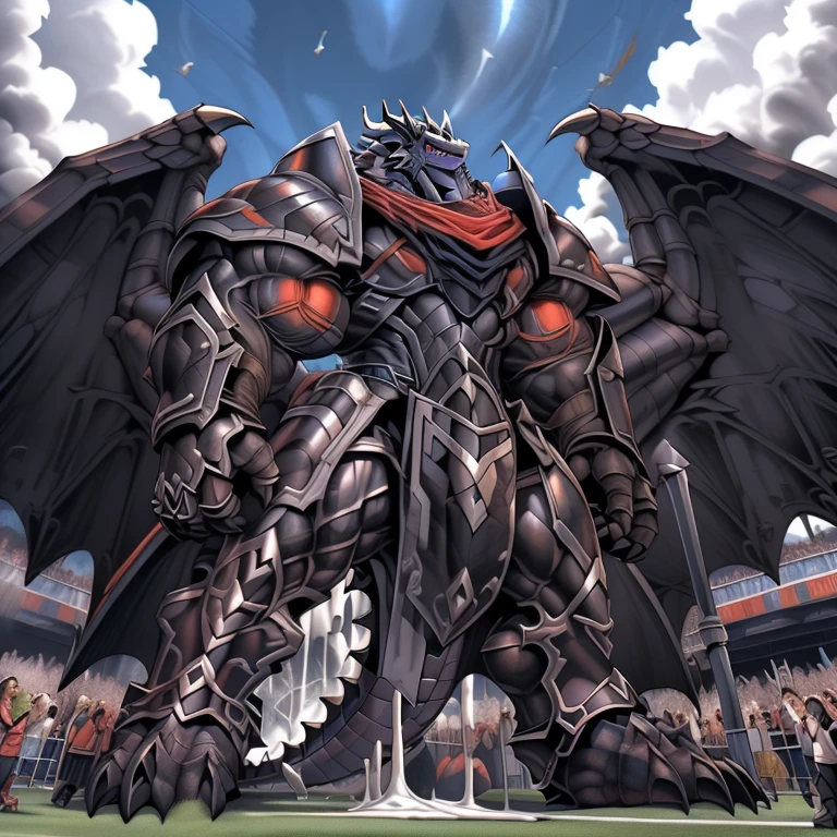 (masterpiece. official art. 8k. best quality. detailed full body. full body.)
(situation 1 : dominating demon lord dragon batzz. focus Colossus mechanical Muscular demon lord dragon batzz is trampling the CITY. macro. stomp. Low-angle perspective. emphasizing the immense size. The perspective is from below, emphasizing the sheer majesty and power of the Colossus. Colossus art. He is much bigger than a skyscraper. Giga Colossuss. micro soccer field. looking down.)
(situation 2 :smoke and flames rising from the destruction in the city. macro. stomp. Low-angle perspective. emphasizing the immense size. The perspective is from below, emphasizing the sheer majesty and power of the Colossus. Colossus art. He is much bigger than a skyscraper. Giga Colossuss. looking down.)
(Additional details 1: wearing a full-face helmet. helmet is jet black. The color of NANOSUIT is jet black. high-tech bio-mecha armor. real texture material. whole body shines like metal. Wearing cyberpunk mecha. emphasizes the muscles. suit fully made of metal. intricate armor. Robotic suit. suit fully made of metal. NANOSUIT with the same design as demon lord dragon batzz.). (demon lord dragon batzz has 5 toes.)
(Additional details 2: (Detailed head. Detailed Body. Detailed abs. gigantic muscles. HYPER MUSCLES. Gigachad Muscular. big muscle. pecs. triceps. traps. unusually developed muscular body. body full of huge muscles. showing off muscles. pectorales enormes. Exaggeratedly huge muscles. huge muscles. long legs.).
(Additional details 3: nj5furry, Spread wings. It has wings. black have big wings. The claws are sharp. He wears a black cloak on his back.). (Additional details 4: black color hyper penis. hyper black penis. big penis)
(Additional details 5 Spraying hyper cum up everywhere into the sky from his erect penis. wide spray of cum, covered in cum, cum splashing in front of camera, crowd of naked muscular male spectators, bukkake, City is under a thick later of cum.)