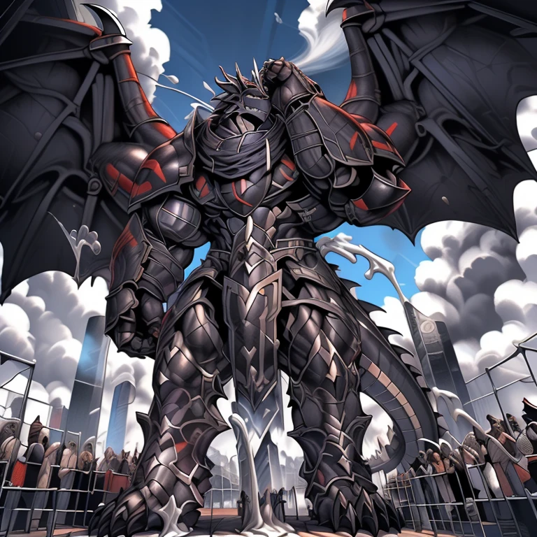 (masterpiece. official art. 8k. best quality. detailed full body. full body.)
(situation 1 : dominating demon lord dragon batzz. focus Colossus mechanical Muscular demon lord dragon batzz is trampling the CITY. macro. stomp. Low-angle perspective. emphasizing the immense size. The perspective is from below, emphasizing the sheer majesty and power of the Colossus. Colossus art. He is much bigger than a skyscraper. Giga Colossuss. micro soccer field. looking down.)

(situation 2 :smoke and flames rising from the destruction in the city. macro. stomp. Low-angle perspective. emphasizing the immense size. The perspective is from below, emphasizing the sheer majesty and power of the Colossus. Colossus art. He is much bigger than a skyscraper. Giga Colossuss. looking down.)

(Additional details 1: wearing a full-face helmet. helmet is jet black. The color of NANOSUIT is jet black. high-tech bio-mecha armor. real texture material. whole body shines like metal. Wearing cyberpunk mecha. emphasizes the muscles. suit fully made of metal. intricate armor. Robotic suit. suit fully made of metal. NANOSUIT with the same design as demon lord dragon batzz.). (demon lord dragon batzz has 5 toes.)

(Additional details 2: (Detailed head. Detailed Body. Detailed abs. gigantic muscles. HYPER MUSCLES. Gigachad Muscular. big muscle. pecs. triceps. traps. unusually developed muscular body. body full of huge muscles. showing off muscles. pectorales enormes. Exaggeratedly huge muscles. huge muscles. long legs.).

(Additional details 3: nj5furry, Spread wings. It has wings. black have big wings. The claws are sharp. He wears a black cloak on his back.). (Additional details 4: black color hyper penis. hyper black penis. big penis)

(Additional details 5 Spraying hyper cum up everywhere into the sky from his erect penis. wide spray of cum, covered in cum, cum splashing in front of camera, crowd of naked muscular male spectators, bukkake, City is under a thick later of cum.)