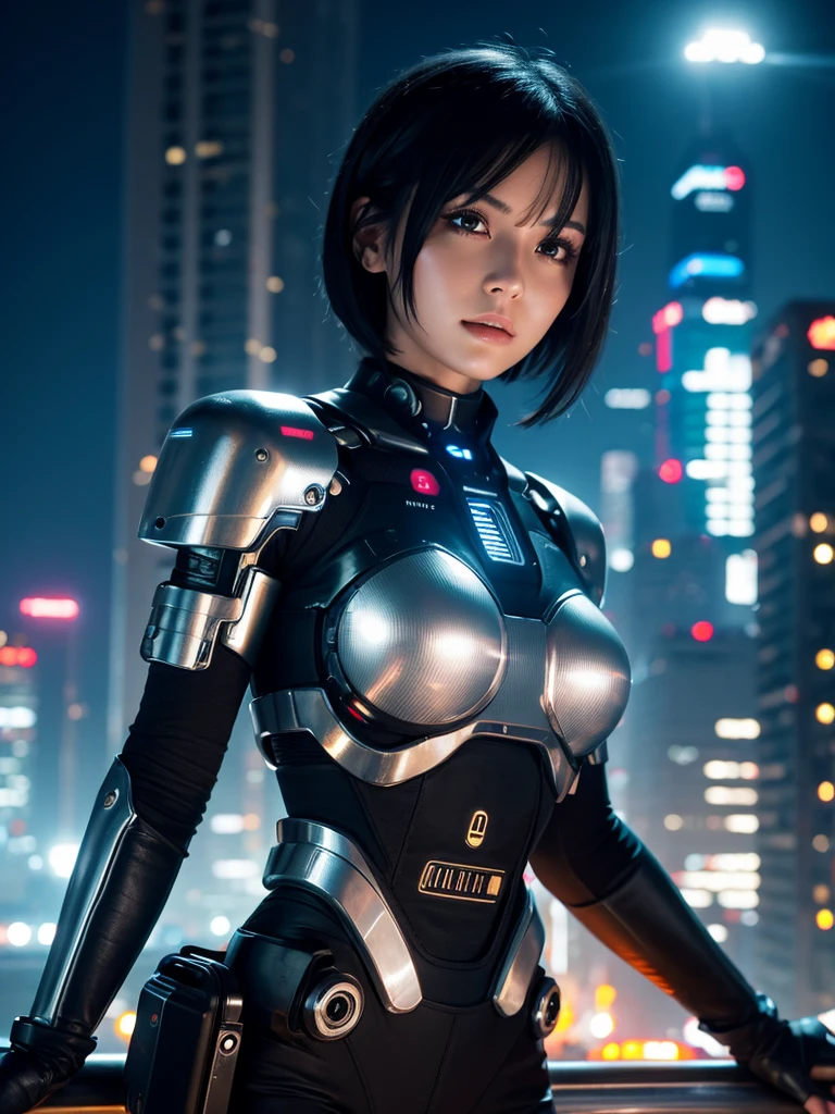 Highest quality,Highest Resolution,beautiful girl,Android,metallic,Mechanic,cyborg,Future city at night,Short black hair,