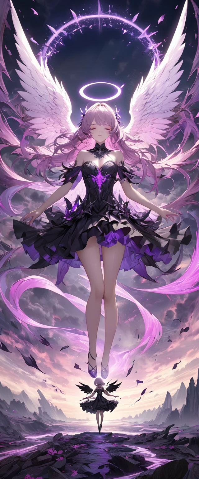 best quality, super fine, 16k, incredibly absurdres, extremely detailed, 2.5D, delicate and dynamic depiction, beautiful fallen angel clad in purple pink and dark darkness, beautiful pastel-colored landscape reminiscent of heaven, effect that mimics the struggle between opposing forces