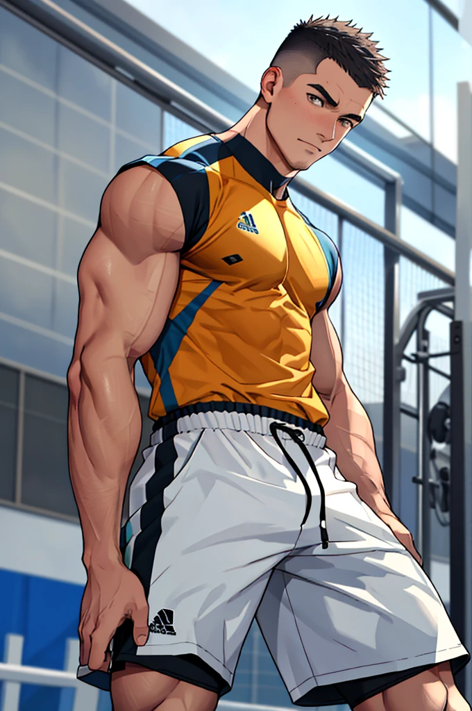 Draw a full-fledged athlete,Stand on the central field of the gym,He wears high-end sportswear,The man looks confident and determined,looking-down,Crew cut,full bodyesbian,shooting from below,human、Actual item