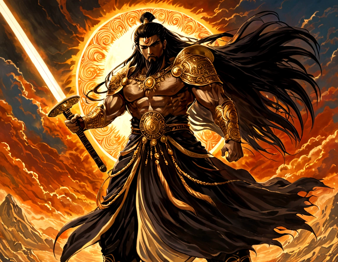 The god of the sun and darkness (posing holding a sword covered in an aura of darkness and the sun with long hair Tough man 