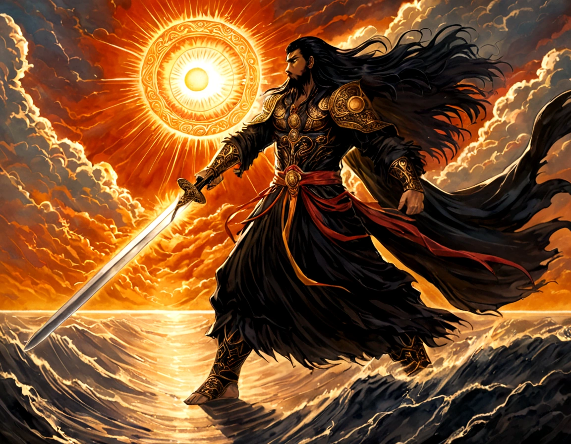 The god of the sun and darkness (posing holding a sword covered in an aura of darkness and the sun with long hair Tough man 