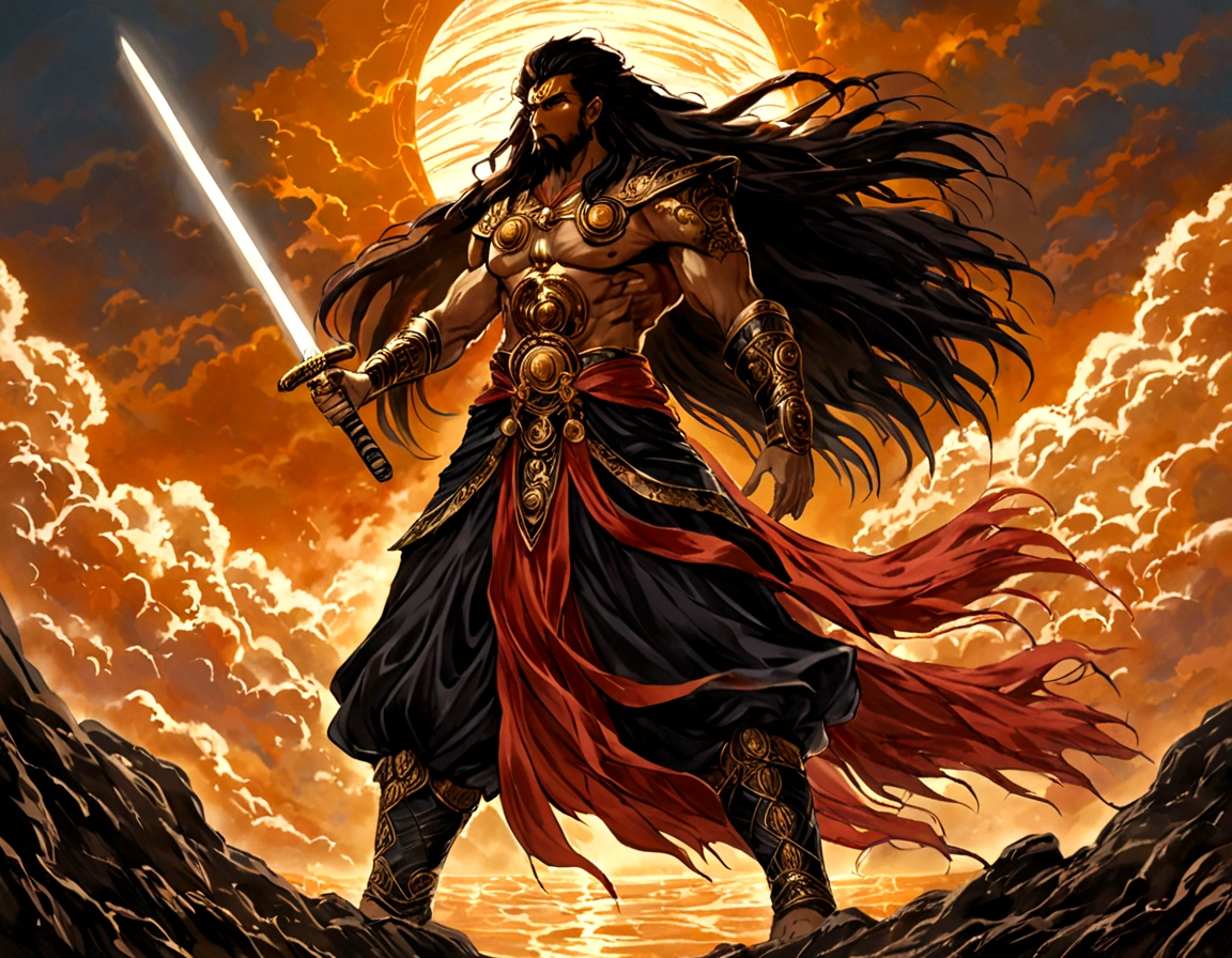 The god of the sun and darkness (posing holding a sword covered in an aura of darkness and the sun with long hair Tough man 