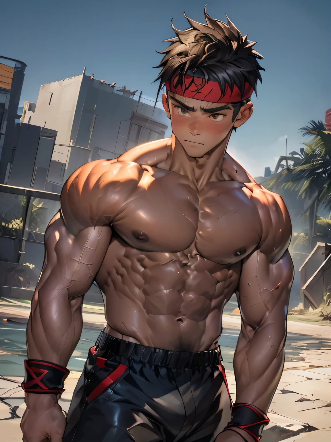 (Masterpiece, Best quality 18 year old boy, night background, looking away, standing front), ((((solo)))), Young, boy, muscler, Shirtless, topless, (Dark Short straight hair, ((almost completely shaved hair)), under cut, brown eyes), (red headband, ((leather fingerless grobe, black wristband))), ((hot Abs:1.2, big breast:1.2, upper arms, ((jacked muscle, beautiful musculature, aesthetic striations, inspirational physique, lean muscle, square pecs, beautiful v-taper, great abs and torso, chiseled abs, chiseled pecs, with his jet black military haircut and voluminous neck)))), Vivid colors, detailed face, detailed muscle, (((rippling muscles, struggle, combats, fighting, serious, ready to fight)))