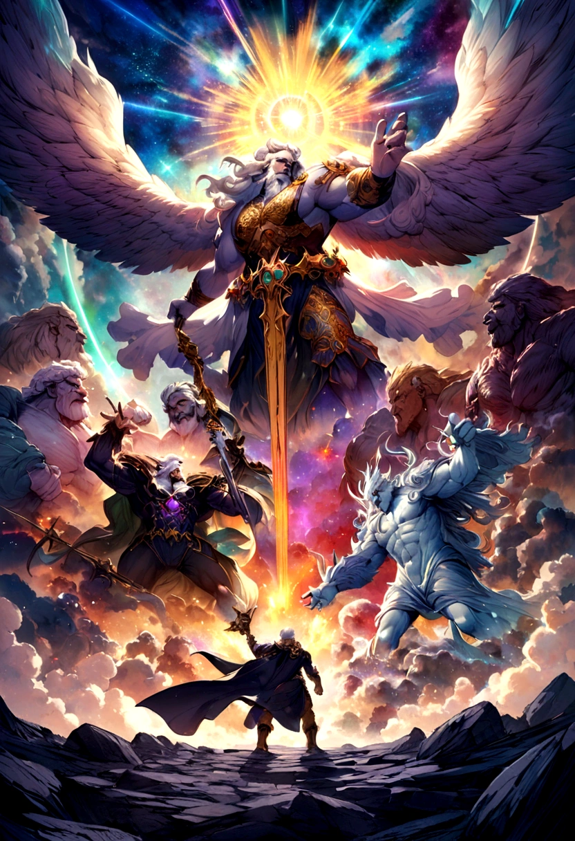 zeus vs cronus, in a battle with tyrants and demons in the universe with bright and colorful galaxies
