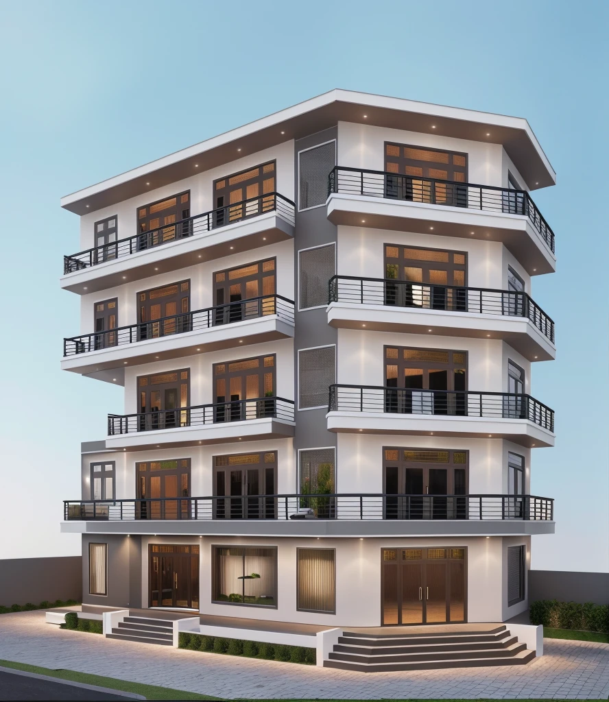 1 modern townhouse, the main materials of the house are white and gray wall colors: 1.2, glass panels: 1.1, glass doors and windows: 1.2, black iron railings, 1 large yard, 1 road in front of the house, (Raw , Real photos, best quality, masterpiece effects: 1.2), modern and minimalist appearance, road in front of the house, dynamic lighting: 1.3, (super realistic, photo-realistic: 1.2), quality high quality, (dark light:1.2), excellent perfect lighting, ((with people, with cars))