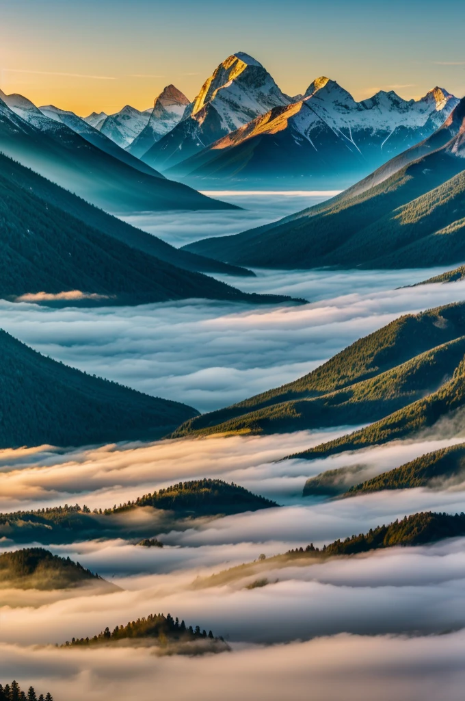 A majestic mountain panorama, which is illuminated by the first rays of sunlight of the day, with fog, which flows gently through the valleys.