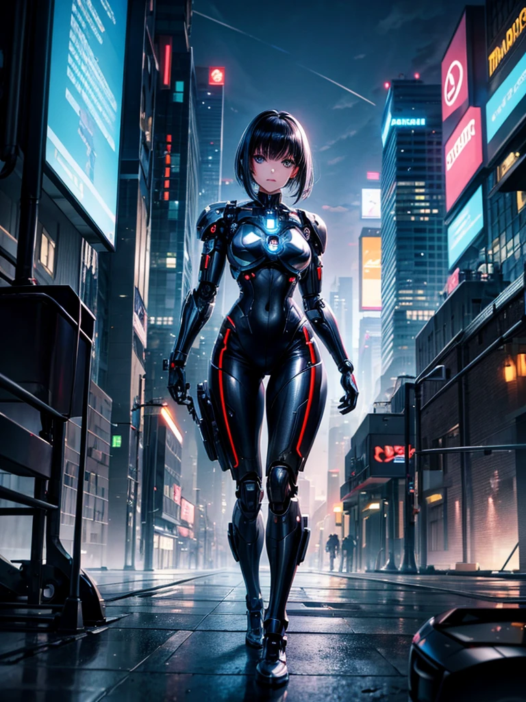Highest quality,Highest Resolution,beautiful girl,Android,metallic,Mechanic,cyborg,Future city at night,Short black hair,