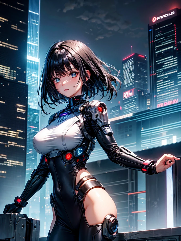 Highest quality,Highest Resolution,beautiful girl,Android,metallic,Mechanic,cyborg,Future city at night,Short black hair,