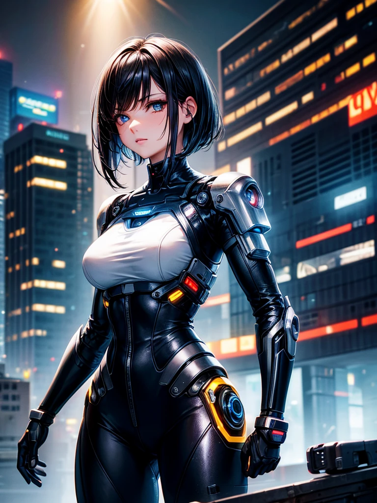 Highest quality,Highest Resolution,beautiful girl,Android,metallic,Mechanic,cyborg,Future city at night,Short black hair,