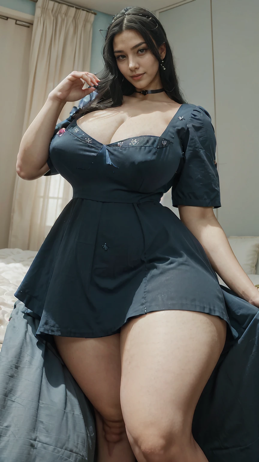 Close-up photo in perfect fitting sky blue frock frock, flowen frock big woman, gorgeous,thin waist,beautiful long black hair,smiling shy face,pinky chick's, beautiful fingers(luxurious decorated bedroom scenary) colorful