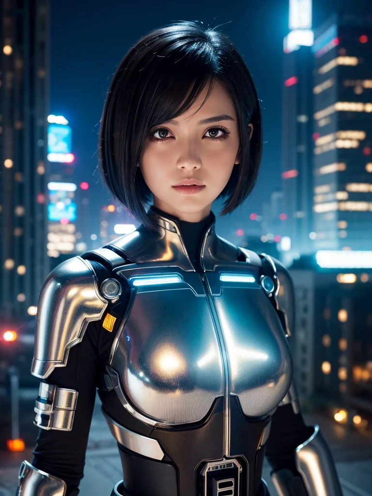 Highest quality,Highest Resolution,beautiful girl,Android,metallic,Mechanic,cyborg,Future city at night,Short black hair,