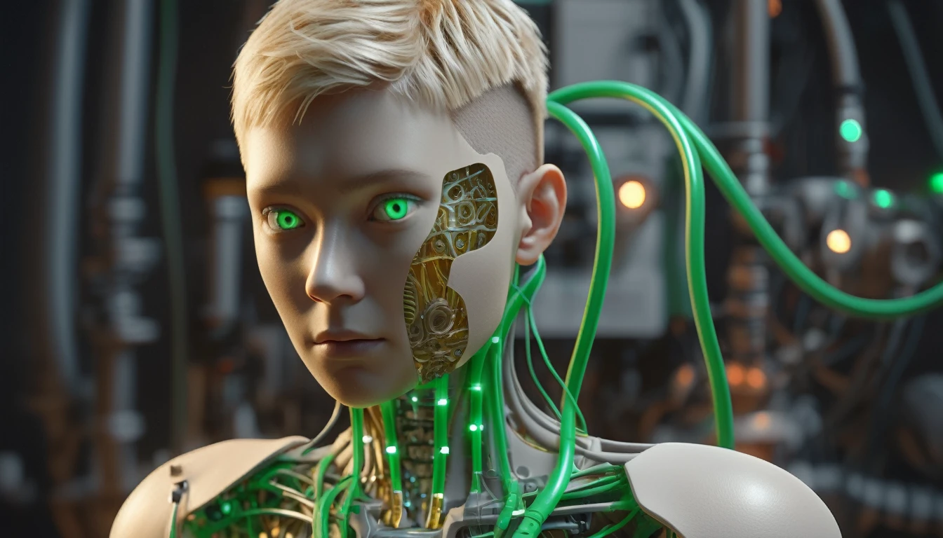 1 mechanical boy, male, short hair, short haircut, blonde hair, green eyes, blonde, (24 age), ((mechanical green cables arms outstretched)) ((ultra realistic details)), global illumination, shadows, octane render, 8k, ultra sharp,metal, intricate, ornaments detailed, highly intricate details, realistic light, glowing eyes, neon details, mechanical limbs, blood vessels connected to tubes, mechanical cervical attaching to neck, wires and cables connecting to head