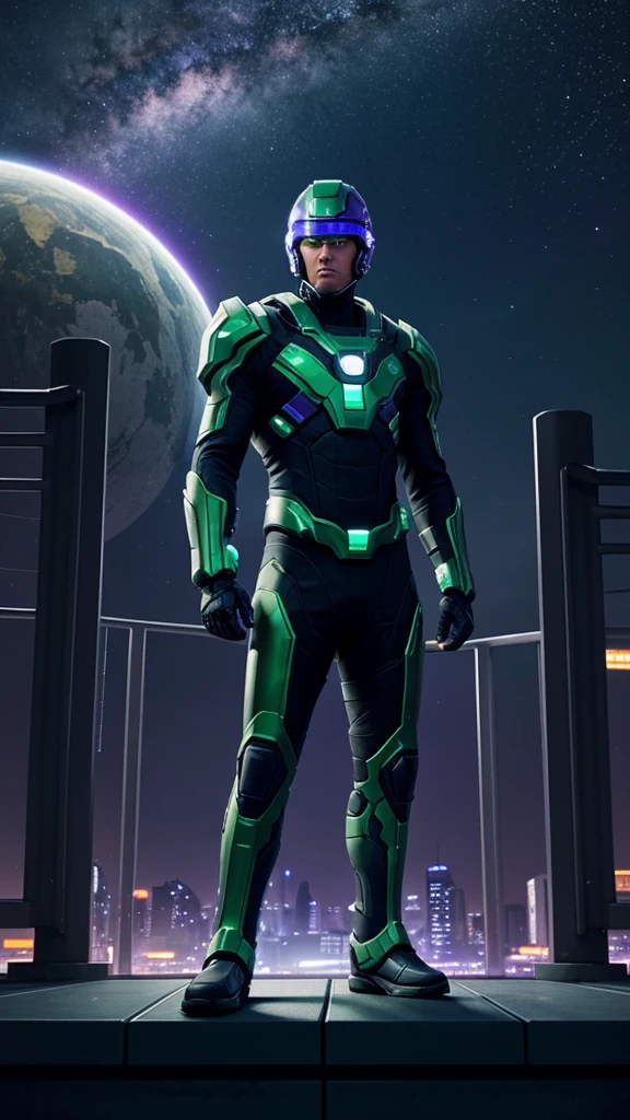 This image is a digital illustration of a futuristic scene. In the center stands a character wearing a green helmet and futuristic equipment. The character stands on a platform or sidewalk with railings, looking down on a nighttime view of the city. The sky is a dark blue and purple hue, a space or alternate planetary setting, pixel art format, producing the image in this prompt