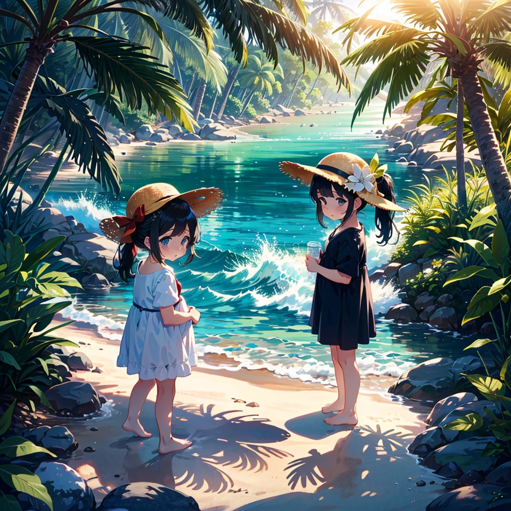 (adolescent girl), the sound of cicadas, a girl wearing a straw hat and one-piece dress on the beach, putting her feet in the water, scooping up water with her hands, sloshing around, side-angle full-body shot, looking down, tropical country (waves) (Giwa, many palm trees are growing), (Toddler: 1.25), (Baby face: 1.2), Short limbs, Small breasts, Girl , Long hair, Ponytail, 8K, High resolution, Anime key Visuals, very beautiful backgrounds, strong sunlight shining all over, beautiful characters, 3 girls
