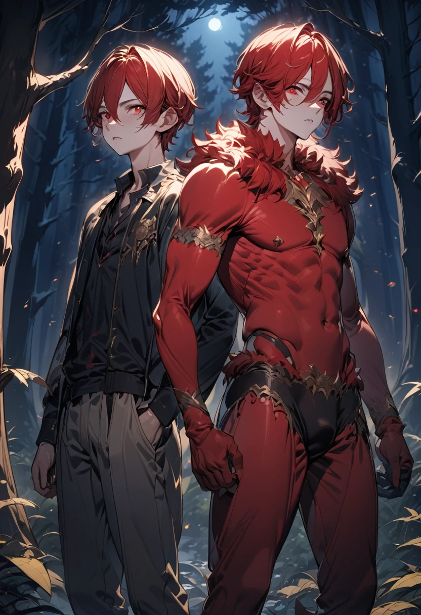 (award winning, 8k, super detailed, high resolution, best quality), a male teenage with red hair, a werewolf with red velvet fur, detailed red eyes, extremely detailed face and features, detailed fangs, standing side by side, in a dark mysterious forest at night, moonlight shining, mist, old trees, moonlit forest, moody lighting, atmospheric