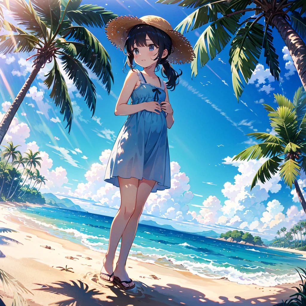 (adolescent girl), the sound of cicadas, a girl wearing a straw hat and one-piece dress on the beach, putting her feet in the water, scooping up water with her hands, sloshing around, side-angle full-body shot, looking down, tropical country (waves) (Giwa, many palm trees are growing), (Toddler: 1.25), (Baby face: 1.2), Short limbs, Small breasts, Girl , Long hair, Ponytail, 8K, High resolution, Anime key Visuals, very beautiful backgrounds, strong sunlight shining all over, beautiful characters, 3 girls