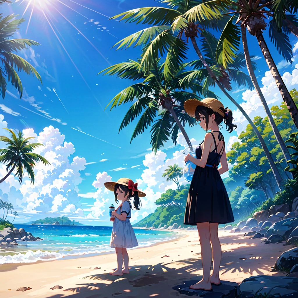 (adolescent girl), the sound of cicadas, a girl wearing a straw hat and one-piece dress on the beach, putting her feet in the water, scooping up water with her hands, sloshing around, side-angle full-body shot, looking down, tropical country (waves) (Giwa, many palm trees are growing), (Toddler: 1.25), (Baby face: 1.2), Short limbs, Small breasts, Girl 9 years old, Long hair, Ponytail, 8K, High resolution, Anime key Visuals, very beautiful backgrounds, strong sunlight shining all over, beautiful characters, 3 girls