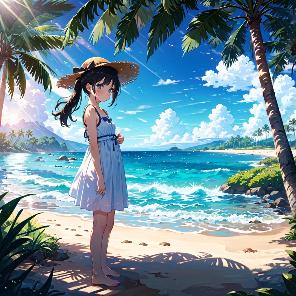 (adolescent girl), the sound of cicadas, a girl wearing a straw hat and one-piece dress on the beach, putting her feet in the water, scooping up water with her hands, sloshing around, side-angle full-body shot, looking down, tropical country (waves) (Giwa, many palm trees are growing), (Toddler: 1.25), (Baby face: 1.2), Short limbs, Small breasts, Girl , Long hair, Ponytail, 8K, High resolution, Anime key Visuals, very beautiful backgrounds, strong sunlight shining all over, beautiful characters, 3 girls