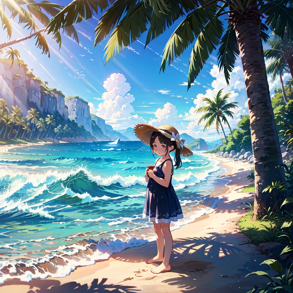 (adolescent girl), the sound of cicadas, a girl wearing a straw hat and one-piece dress on the beach, putting her feet in the water, scooping up water with her hands, sloshing around, side-angle full-body shot, looking down, tropical country (waves) (Giwa, many palm trees are growing), (Toddler: 1.25), (Baby face: 1.2), Short limbs, Small breasts, Girl 9 years old, Long hair, Ponytail, 8K, High resolution, Anime key Visuals, very beautiful backgrounds, strong sunlight shining all over, beautiful characters, 3 girls