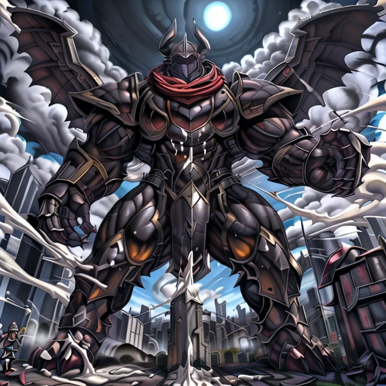 (masterpiece. official art. 8k. best quality. detailed full body. full body.)
(situation 1 : dominating demon lord dragon batzz. focus Colossus mechanical Muscular demon lord dragon batzz is trampling the CITY. macro. stomp. Low-angle perspective. emphasizing the immense size. The perspective is from below, emphasizing the sheer majesty and power of the Colossus. Colossus art. He is much bigger than a skyscraper. Giga Colossuss. micro soccer field. looking down.)

(situation 2 :smoke and flames rising from the destruction in the city. macro. stomp. Low-angle perspective. emphasizing the immense size. The perspective is from below, emphasizing the sheer majesty and power of the Colossus. Colossus art. He is much bigger than a skyscraper. Giga Colossuss. looking down.)

(Additional details 1: wearing a full-face helmet. helmet is jet black. The color of NANOSUIT is jet black. high-tech bio-mecha armor. real texture material. whole body shines like metal. Wearing cyberpunk mecha. emphasizes the muscles. suit fully made of metal. intricate armor. Robotic suit. suit fully made of metal. NANOSUIT with the same design as demon lord dragon batzz.). (demon lord dragon batzz has 5 toes.)

(Additional details 2: (Detailed head. Detailed Body. Detailed abs. gigantic muscles. HYPER MUSCLES. Gigachad Muscular. big muscle. pecs. triceps. traps. unusually developed muscular body. body full of huge muscles. showing off muscles. pectorales enormes. Exaggeratedly huge muscles. huge muscles. long legs.).

(Additional details 3: nj5furry, Spread wings. It has wings. black have big wings. The claws are sharp. He wears a black cloak on his back.). (Additional details 4: black color hyper penis. hyper black penis. big penis)

(Additional details 5 Spraying hyper cum up everywhere into the sky from his erect penis. wide spray of cum, covered in cum, cum splashing in front of camera, crowd of naked muscular male spectators, bukkake, City is under a thick later of cum.)