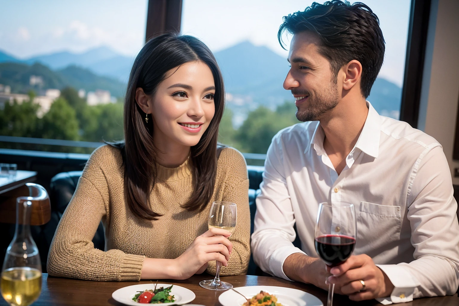 ((Highest quality、8K、masterpiece:1.3))、1 male、1 female、spouse、Beautiful couple、smile、 (Slim face), (the body is スリム), (Brown Hair), (Shortcuts), ((Bob Hale、Straight hair:1.2)), テーブルの上のwine glass、Please shine a light on my face、 Amazing view of the sunset sky and clouds、Amazing mountain views、smileの美しさ、Bright image、Blushing, Shortcuts,Bright Face、 age), 39 age, red wine 、Appetizers、Italian food、Wine bottle、Champagne、sparkling wine、Long sleeve shirt、dress、Attractive beauty、restaurant, Nova Frog Style, actress, model, Upper Body, White wine, red wine, wine glass,
