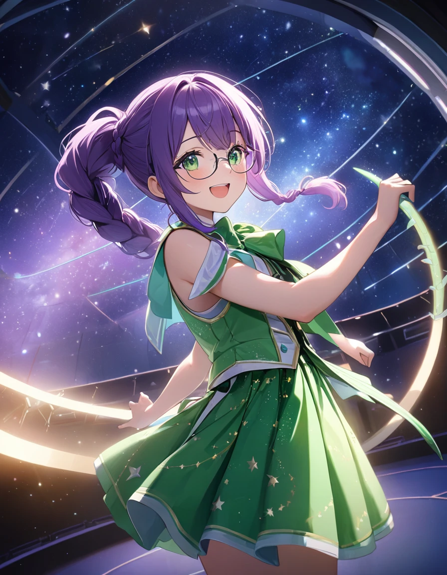 (8K, best quality, master piece: 1.2), super high resolution,1 idol,独奏,17yo,ultra-detailed face,detailed eyes,green eyes,(glasses),the girl is singing and dancing while standing in the center of the planetarium, where the seats are arranged in a circle,(((long fish-bone braid hair, pony-tail-style))), purple hair,happy, white and green idol costume,The costumes is decorated with black ribbons,look at viewer,Cowboy Shot,Stage Lighting,realistic and beautiful image of the inside of a planetarium, showcasing a dazzling display of stars and constellations on its dom