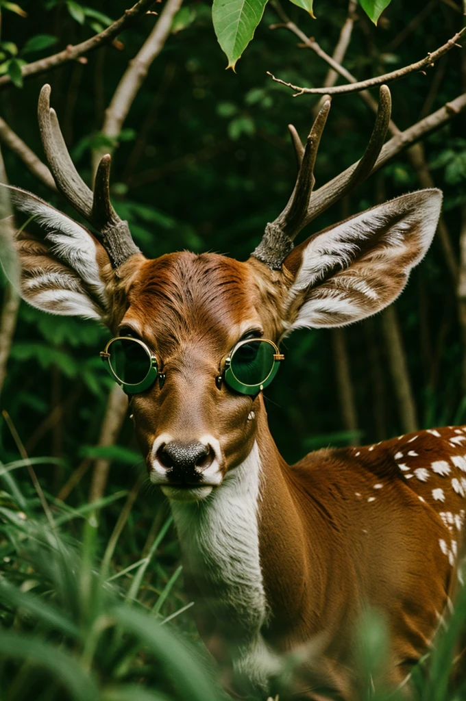 An NFT of an deer wearing sunglasses in green background