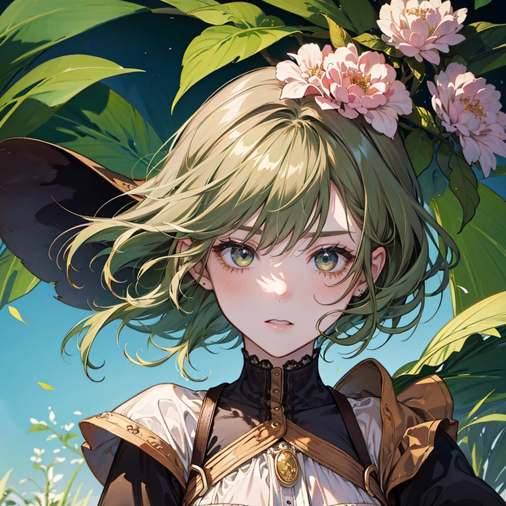 A vintage girl, in gardeninv, His hair color is brown, his eyes are green, bust up!!!!