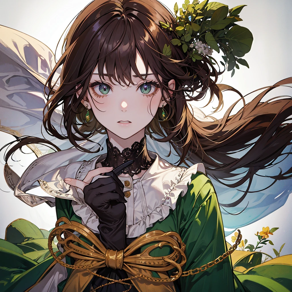 A vintage girl, in gardeninv, His hair color is brown, his eyes are green, bust up!!!!