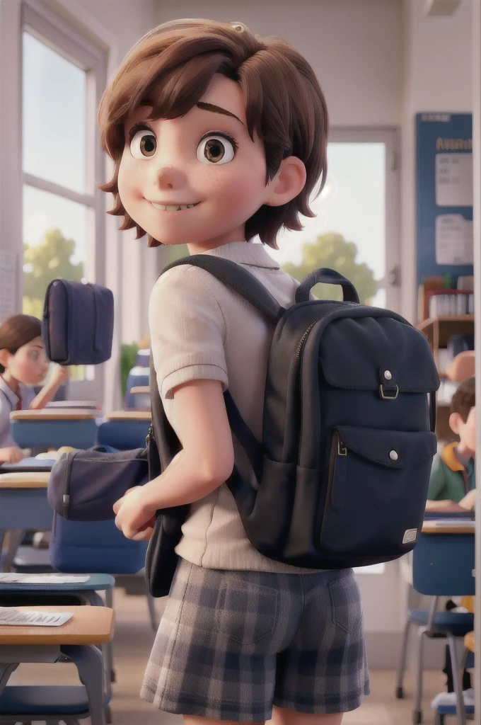 Girl with short short hair who goes to school with her backpack 