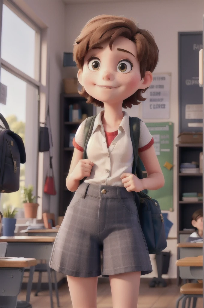 Girl with short short hair who goes to school with her backpack