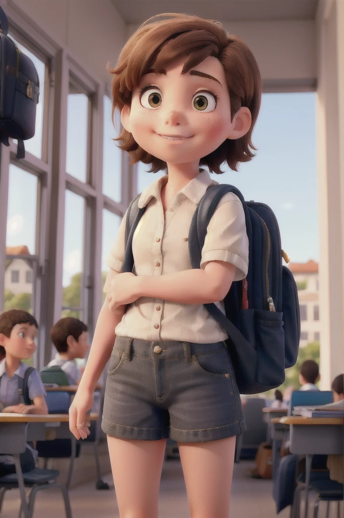 Girl with short short hair who goes to school with her backpack 