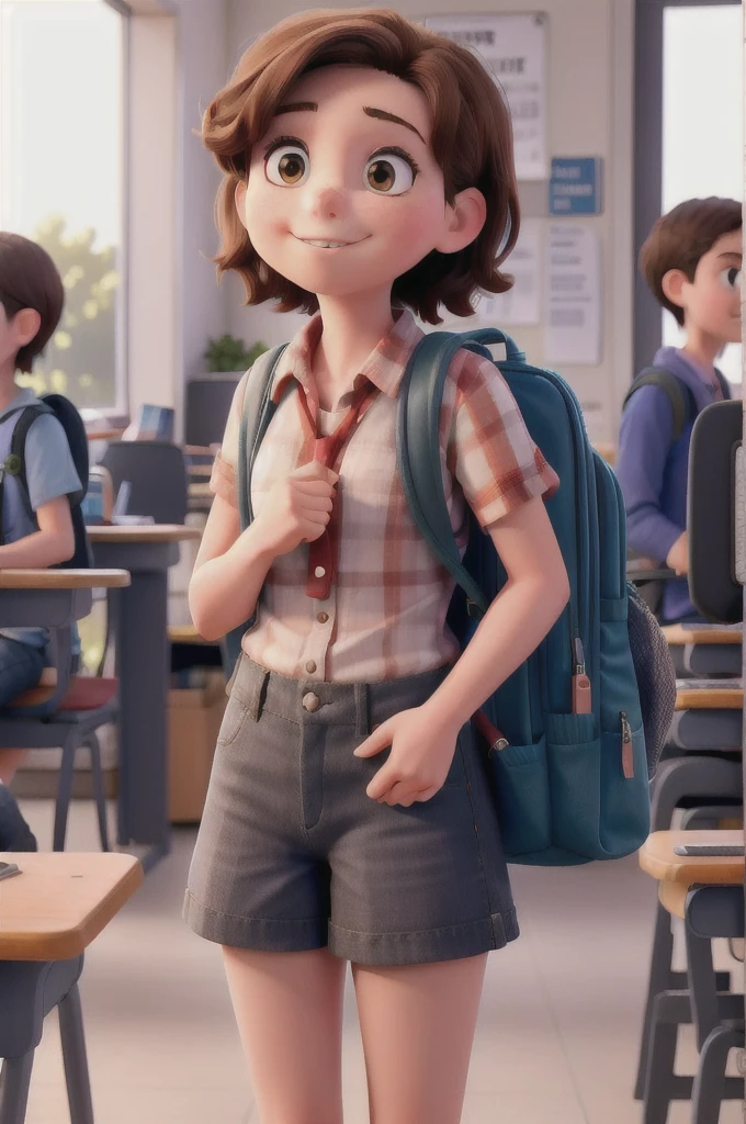 Girl with short short hair who goes to school with her backpack