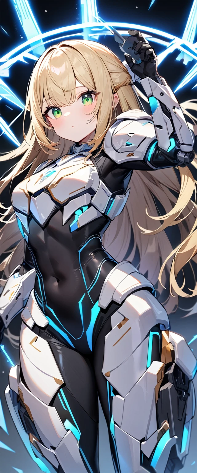 1girl,original, solo,black bodysuit,white armor,mechanical sword,blue glowing outline,blonde long hair,green eyes,perfect anatomy,best quality,