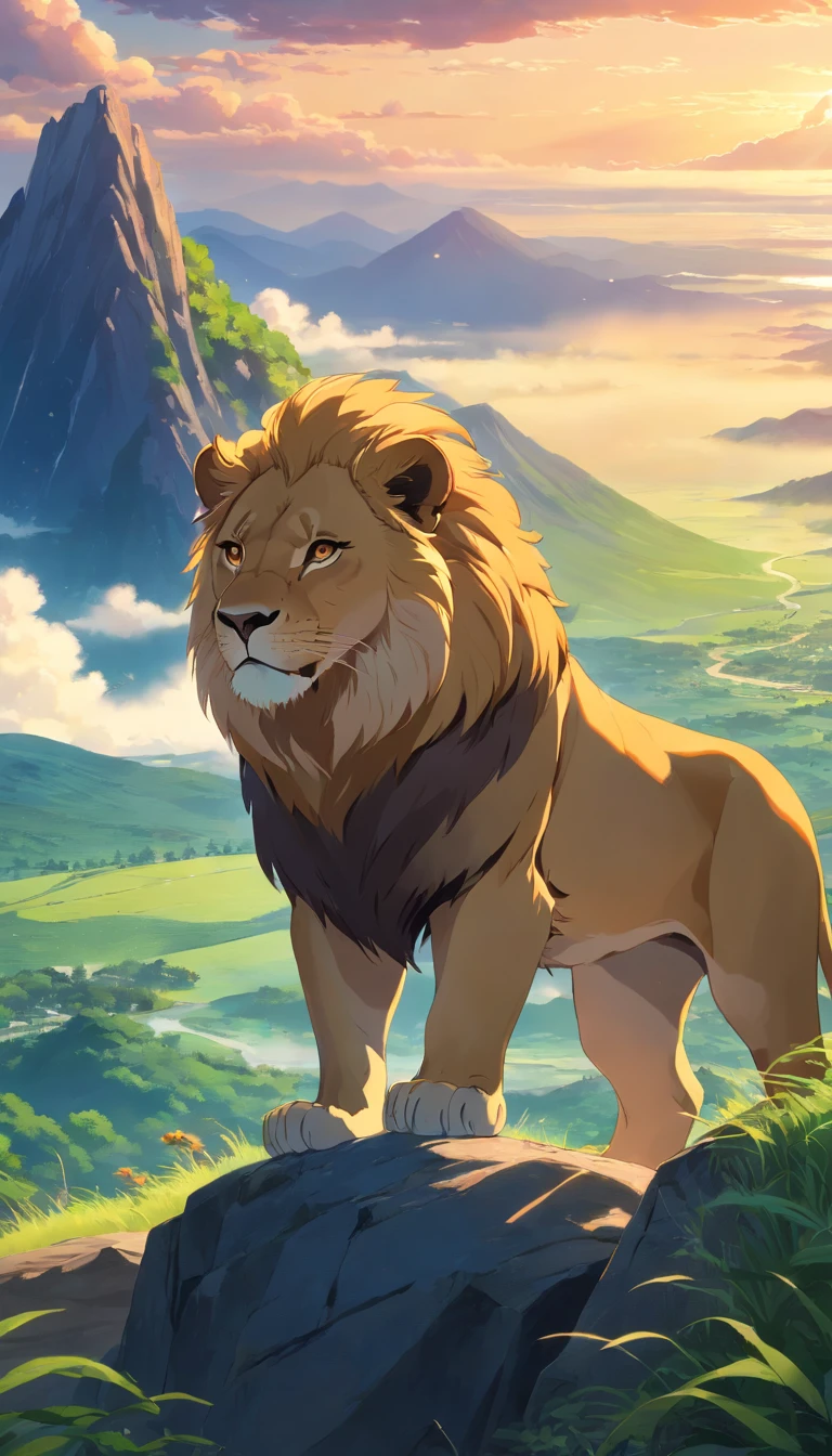 a cub lion than the cloud above a mountain, MrWise Bondo, (best quality,4k,8k,highres,masterpiece:1.2),ultra-detailed,(realistic,photorealistic,photo-realistic:1.37),highly detailed lion,extremely detailed face and eyes,beautiful detailed fur,dramatic lighting,cinematic composition,matte painting style,moody atmosphere,dramatic contrast,rich saturated colors,dramatic lighting and shadows,epic fantasy landscape,mountain scenery,dramatic cloudy sky