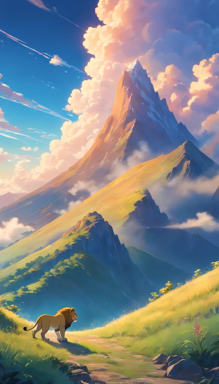 a cub lion than the cloud above a mountain, MrWise Bondo, (best quality,4k,8k,highres,masterpiece:1.2),ultra-detailed,(realistic,photorealistic,photo-realistic:1.37),highly detailed lion,extremely detailed face and eyes,beautiful detailed fur,dramatic lighting,cinematic composition,matte painting style,moody atmosphere,dramatic contrast,rich saturated colors,dramatic lighting and shadows,epic fantasy landscape,mountain scenery,dramatic cloudy sky