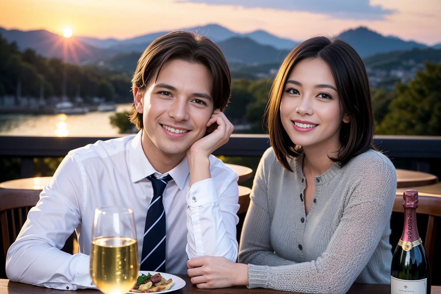 ((Highest quality、、masterpiece:1.3))、1 male、1 female、spouse、Beautiful couple、smile、 (Slim face), (the body is スリム), (Brown Hair), (Shortcuts), ((Bob Hale、Straight hair:1.2)), テーブルの上のwine glass、Please shine a light on my face、 Amazing view of the sunset sky and clouds、Amazing mountain views、smileの美しさ、Bright image、Blushing, Shortcuts,Bright Face、 age), 39 age, red wine 、Appetizers、Italian food、Wine bottle、Champagne、sparkling wine、Long sleeve shirt、dress、Attractive beauty、restaurant, Nova Frog Style, actress, model, Upper Body, White wine, red wine, wine glass,