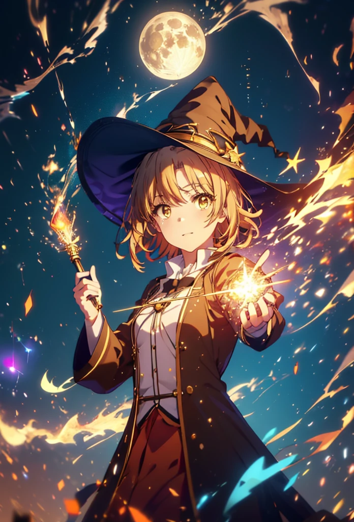 Irohaisshiki, isshiki iroha, short hair, Brown Hair, (Brown eyes:1.5), smile,((Night Sky)),((Big full moon)),((Sparkling and colorful stars)),Fluffy hair,((Idol style costume with soft volume)),Long skirt,((gorgeous wizard hat)),((witch)),(magic wand with a jewel on the tip),Explosive Flame,
break outdoors, forest,forest
break looking at viewer,Upper Body,
break (masterpiece:1.2), Highest quality, High resolution, unity 8k wallpaper, (shape:0.8), (Narrow and beautiful eyes:1.6), Highly detailed face, Perfect lighting, Extremely detailed CG, (Perfect hands, Perfect Anatomy),