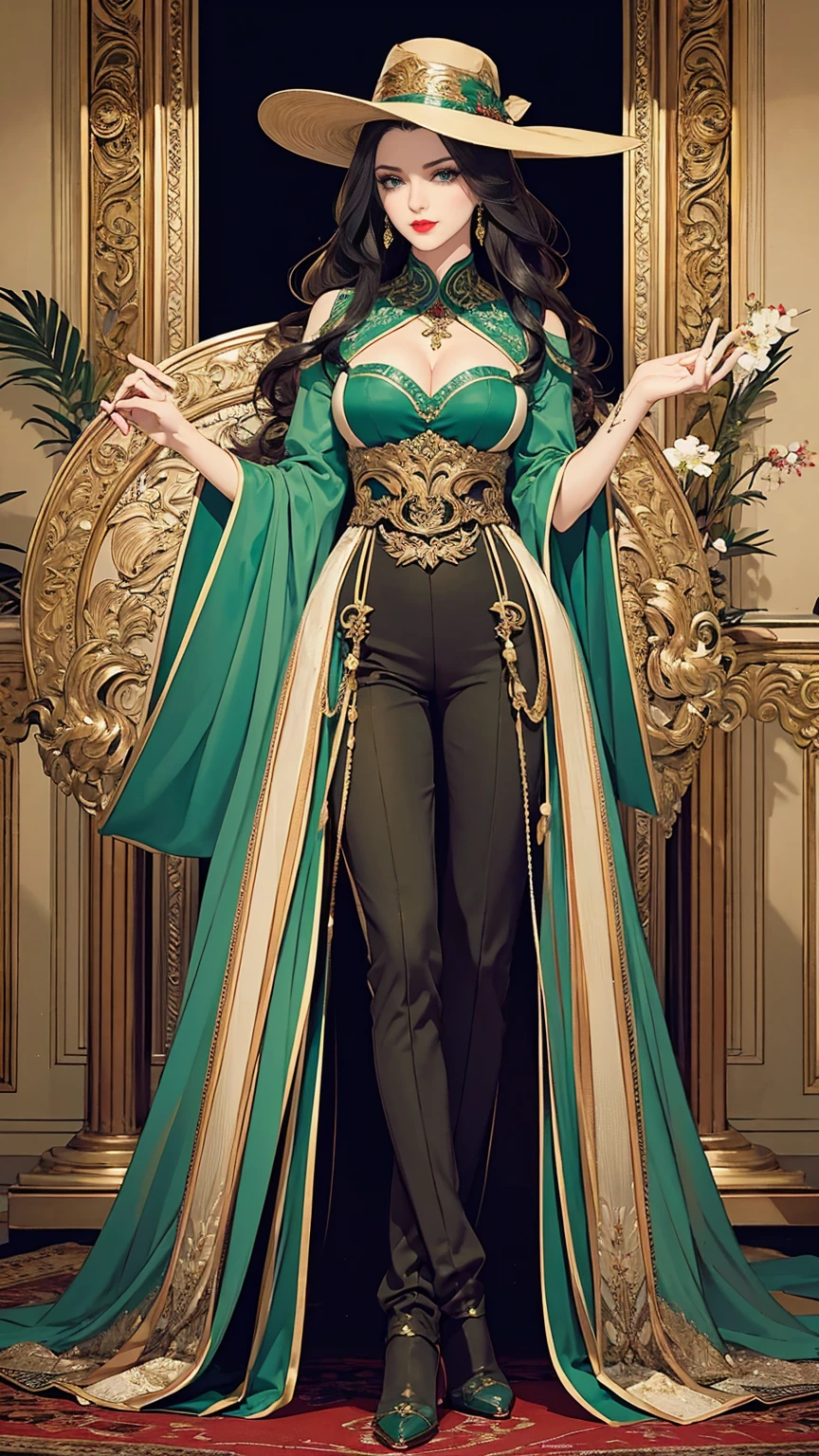  (masterpiece, Best quality, A high resolution, ultra detailed), (beautiful and aesthetically pleasing:1.2), detailed eyes and face, whole body, 1 woman, adult, (black long wavy hair), (green eyes), female body, Beautiful body, Perfect body, full body, red lips, beautiful makeup National dress of Mexico,Charro Suit,A suit worn by Mexican horsemen, typically consisting of a decorated jacket, tight trousers, and a wide-brimmed hat