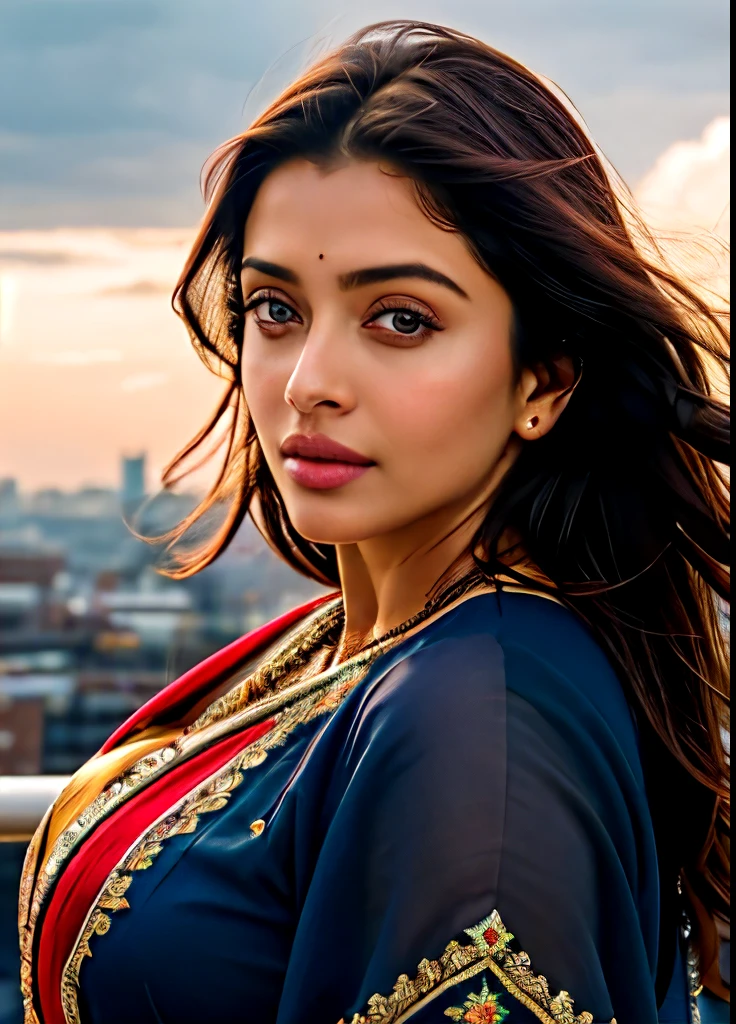 cowboy shot scenic professional photograph of RAW photo, photorealistic, [:intricate details:0.3], best quality, photo of beautiful Aishwarya Rai Bachchan Indian actress 45y old woman, with brown hair, detailed skin, (like a plus size:1.1), (beautiful round shape breasts:1.1), (big ass:1.1), ( white, red, blue, color saree with blouse), 1girl, graceful body structure, from front, looking at viewer, cowboy shot, in outdoor London town city, natural color, perfect viewpoint, highly detailed, wide-angle lens, hyper realistic, with dramatic sky, polarizing filter, natural lighting, vivid colors, everything in sharp focus, HDR, UHD, K Photorealistic, Hyperrealistic, Hyperdetailed, analog style, detailed skin, matte skin, soft lighting, subsurface scattering, realistic, heavy shadow, masterpiece, best quality, ultra realistic, 8k, golden ratio, Intricate, High Detail, film photography, soft focus