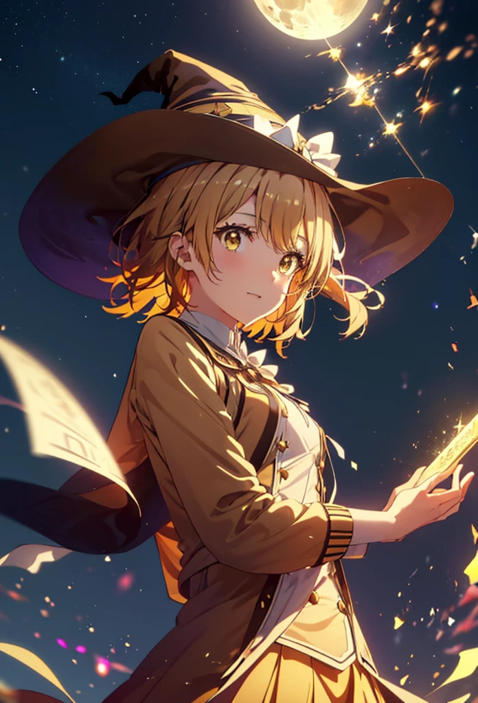 Irohaisshiki, isshiki iroha, short hair, Brown Hair, (Brown eyes:1.5), smile,((Night Sky)),((Big full moon)),((Sparkling and colorful stars)),Fluffy hair,((Idol style costume with soft volume)),Long skirt,((gorgeous wizard hat)),((witch)),(magic wand with a jewel on the tip),Explosive Flame,
break outdoors, forest,forest
break looking at viewer,Upper Body,
break (masterpiece:1.2), Highest quality, High resolution, unity 8k wallpaper, (shape:0.8), (Narrow and beautiful eyes:1.6), Highly detailed face, Perfect lighting, Extremely detailed CG, (Perfect hands, Perfect Anatomy),